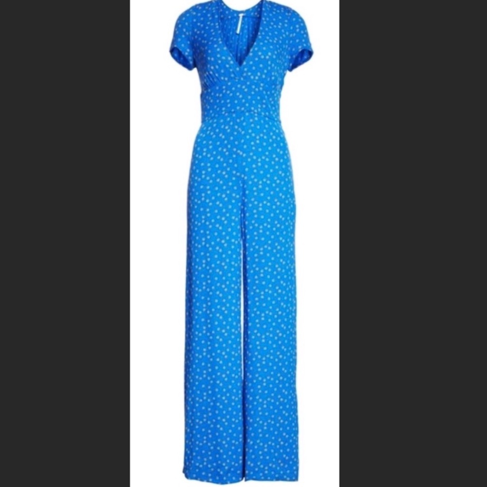Free People Blue Jumpsuit with fruit peaches